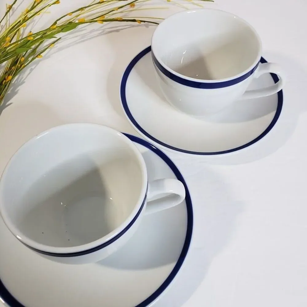 Set of 2 Williams Sonoma Brasserie Blue Trim Flat Coffee Cups & Saucers Japan